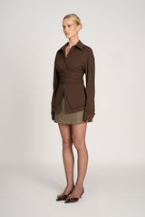 tiktok fashion blouse 2025 bruin wrap shirt met strakke taille