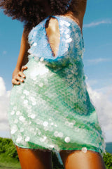  damesjurk met visnetlook en pailletten party dress met aqua en blauwe glans