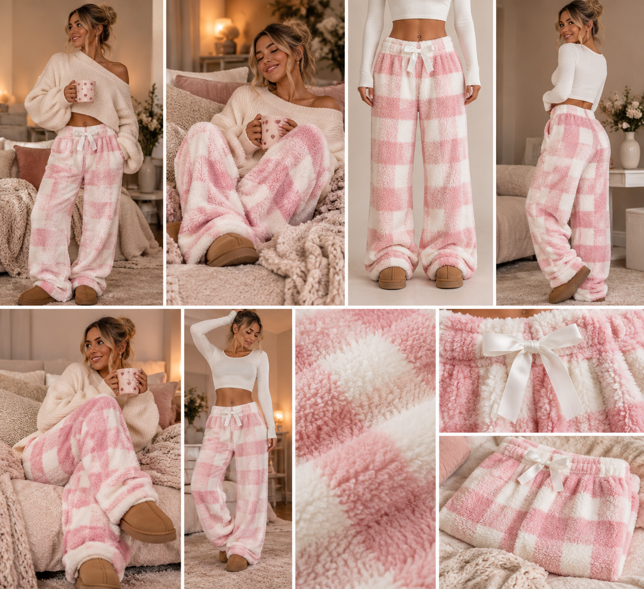 roze witte zachte lounge broek dames fleece met ruitpatroon