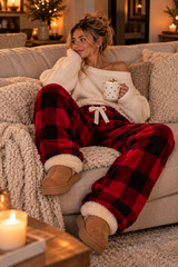 rode zwarte fleece pyjamabroek dames ruitjes winter