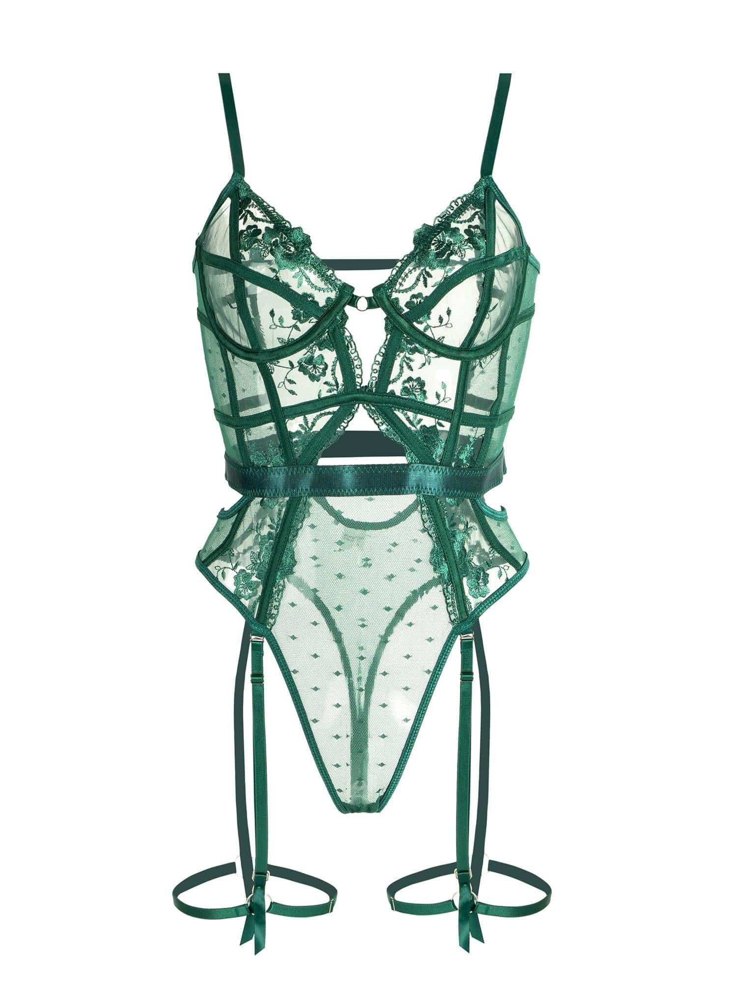 Groene kanten lingerieset met borduursels en jarretelles