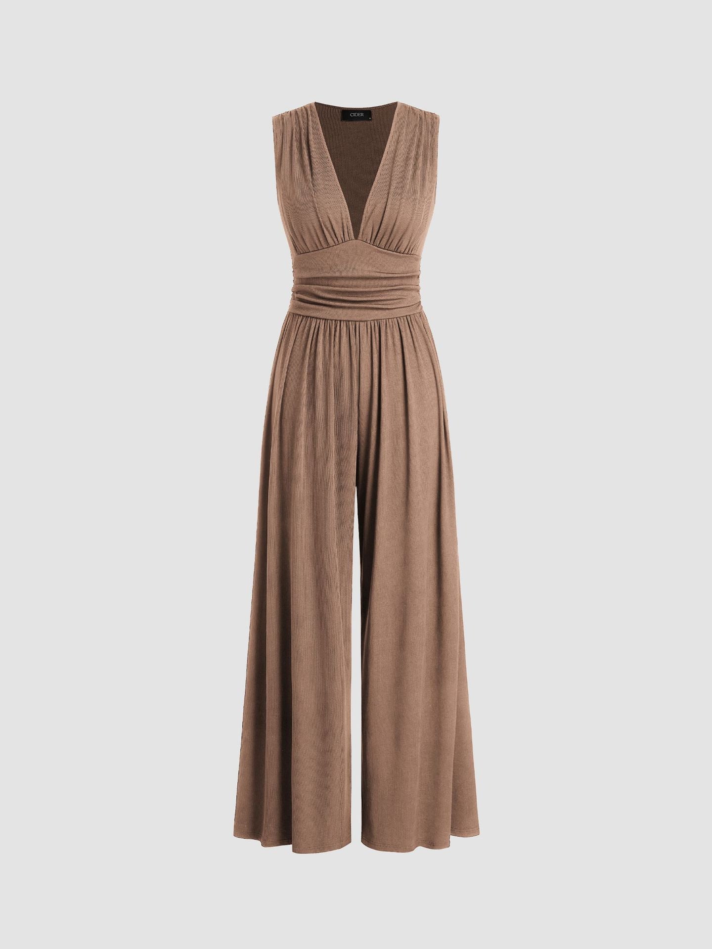 taupe jumpsuit met V-hals en flatterende taille dames