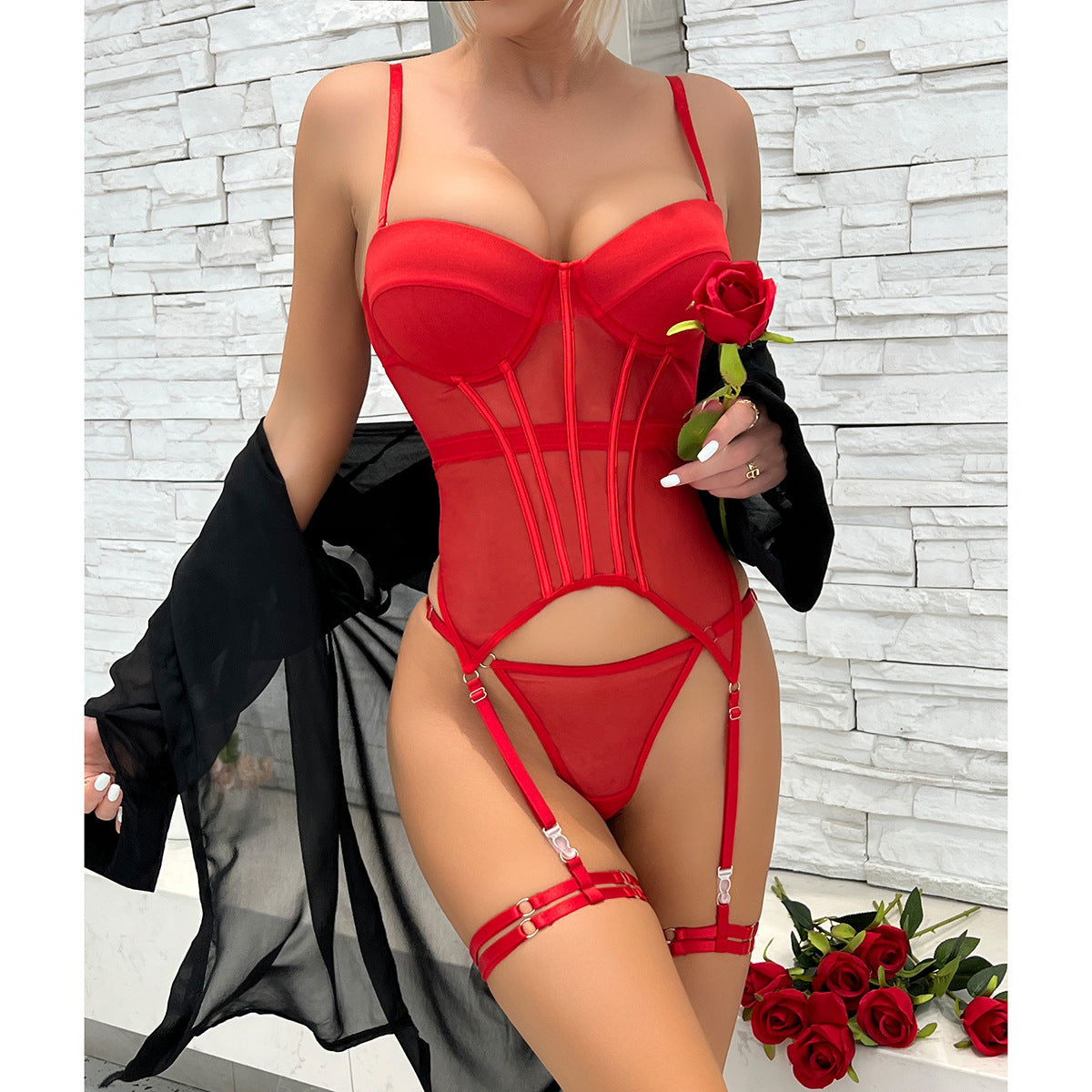 rode corset lingerie set met jarretelbanden en voorgevormde cups