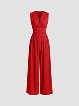 rode wide leg jumpsuit voor dames met elegante halslijn