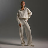 crème lounge set dames met kraagtop en wijde broek