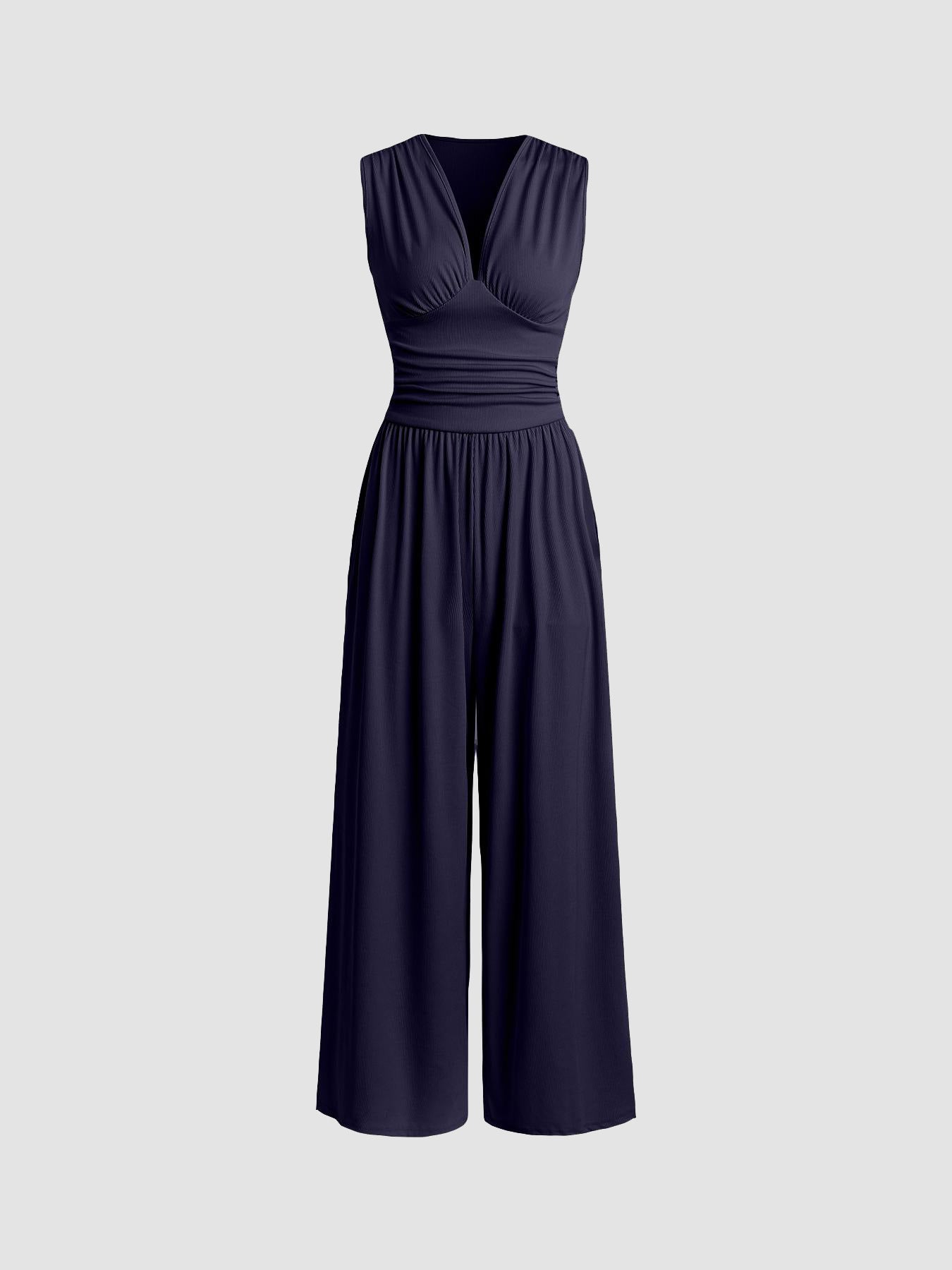 donkerblauwe elegante jumpsuit met wide leg pasvorm dames