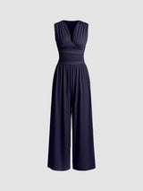 donkerblauwe elegante jumpsuit met wide leg pasvorm dames