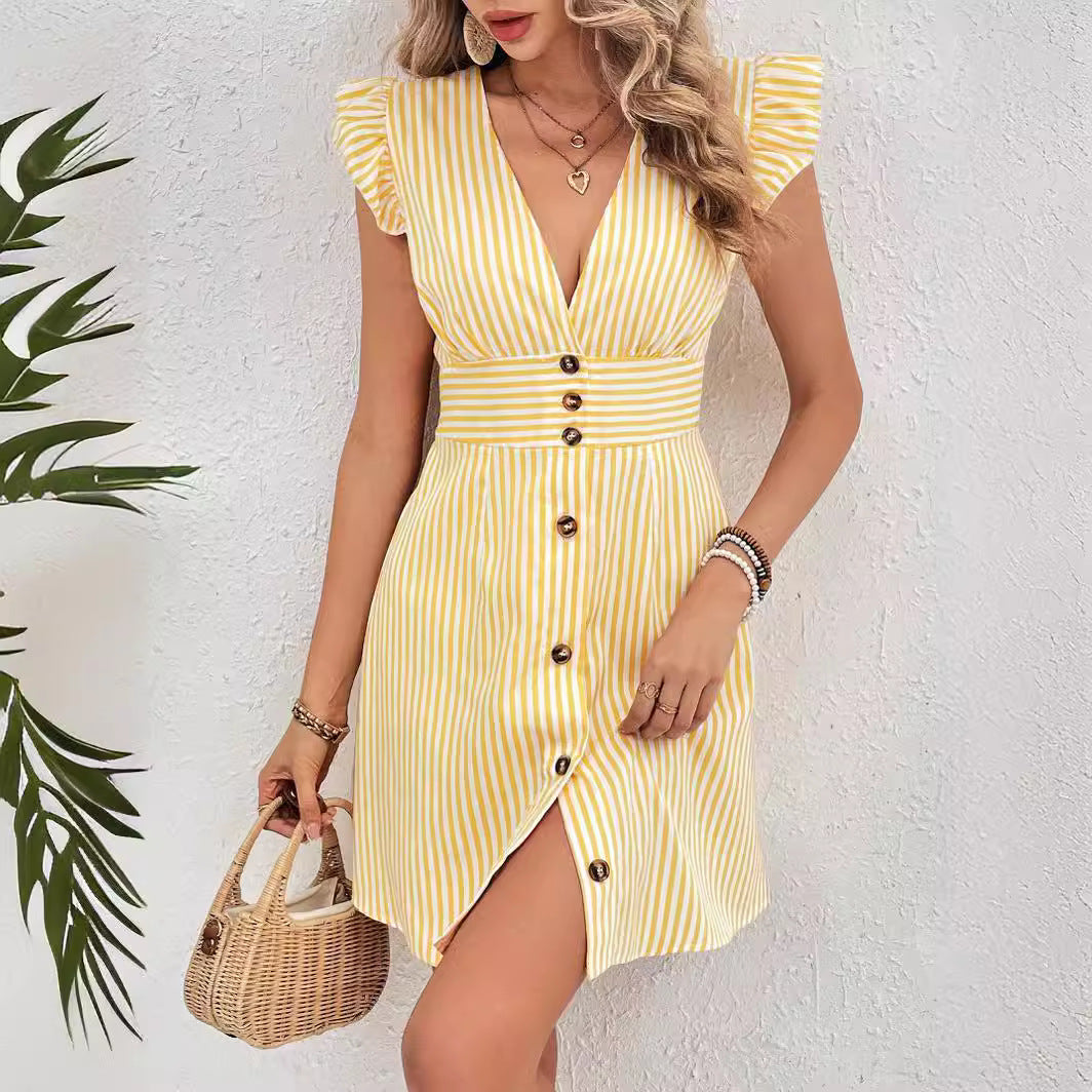 geel-wit gestreepte damesjurk met ruffle mouwen en knoopdetail