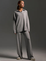 grijze lounge set dames met lange broek en relaxte top