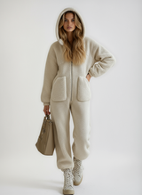 zachte fleece onesie dames in beige met zakken