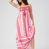 Roze en Rode Boho Maxi Jurk met Spaghettibandjes en Borduurdetails