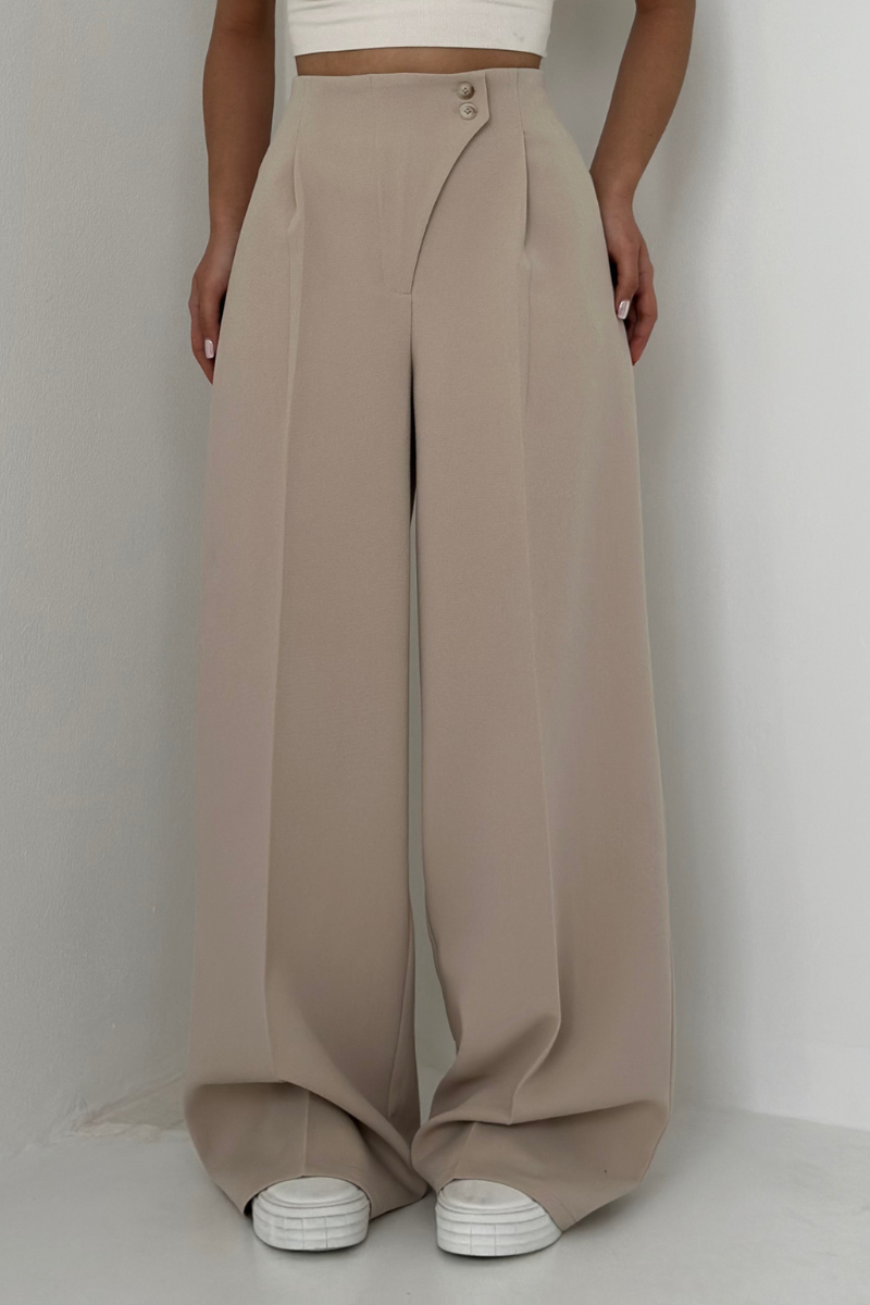 beige wide leg pantalon met high waist en dubbele knoopsluiting