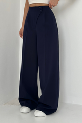 donkerblauwe wide leg pantalon met high waist en dubbele knoopsluiting
