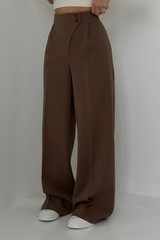 bruine wide leg pantalon met high waist en dubbele knoopsluiting