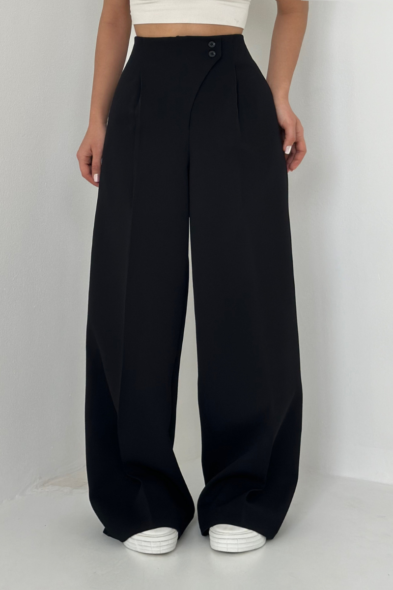 zwarte wide leg pantalon met high waist en dubbele knoopsluiting