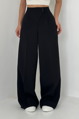 zwarte wide leg pantalon met high waist en dubbele knoopsluiting