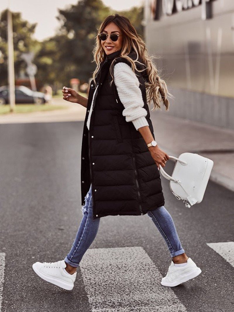 Elayne Lange Bodywarmer | Gewatteerd Mouwloos Vest met Capuchon