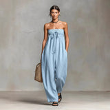 lichtblauwe strapless jumpsuit met smockdetail voor dames