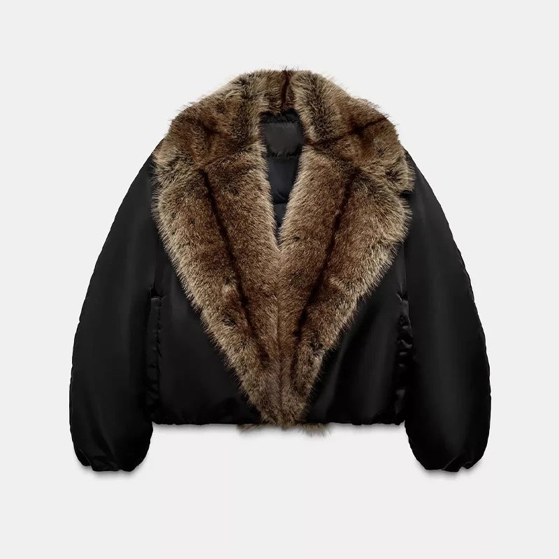 Eleonore bomberjack met imitatiebontkraag – zwart – voorkant