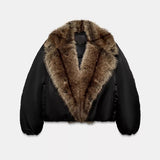 Eleonore bomberjack met imitatiebontkraag – zwart – voorkant