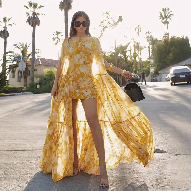 gele bloemen jurk met lange transparante laag dames zomer
