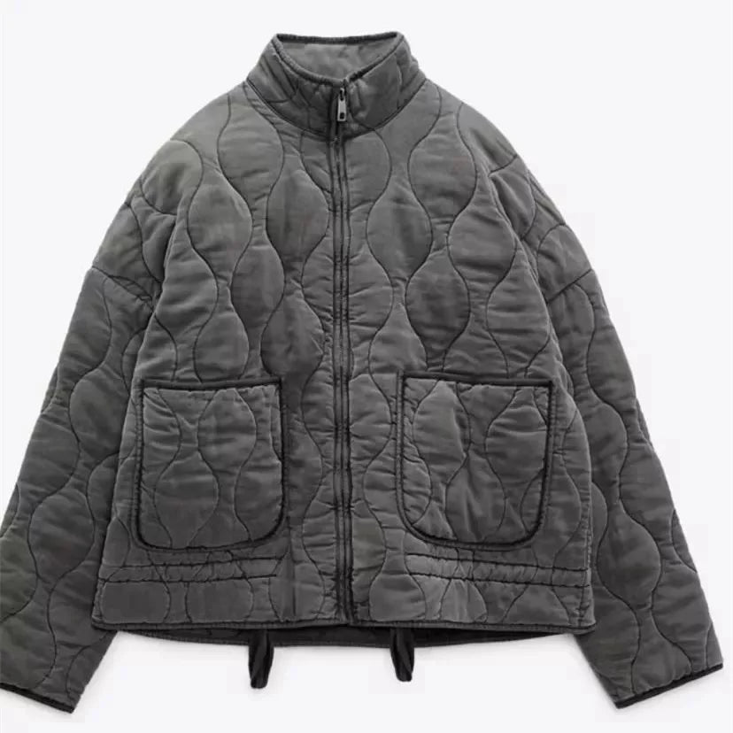 grijze quilted bomber jacket voor dames met rechte kraag