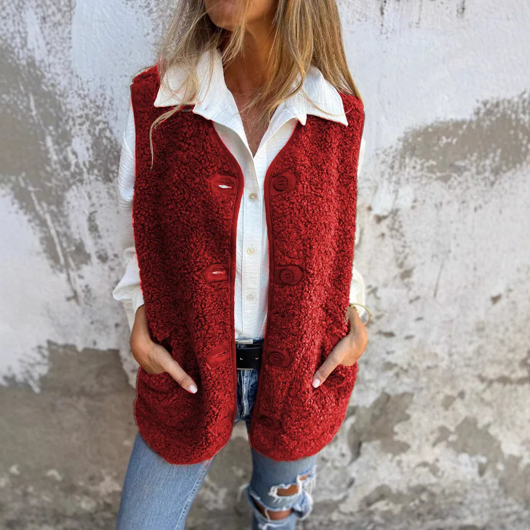 rode teddy gilet voor dames met knopen en zakken, gecombineerd met witte blouse en jeans