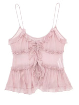 lichtroze sheer top met ruches en spaghetti bandjes