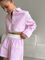 roze gestreepte lounge set met cropped blouse en short