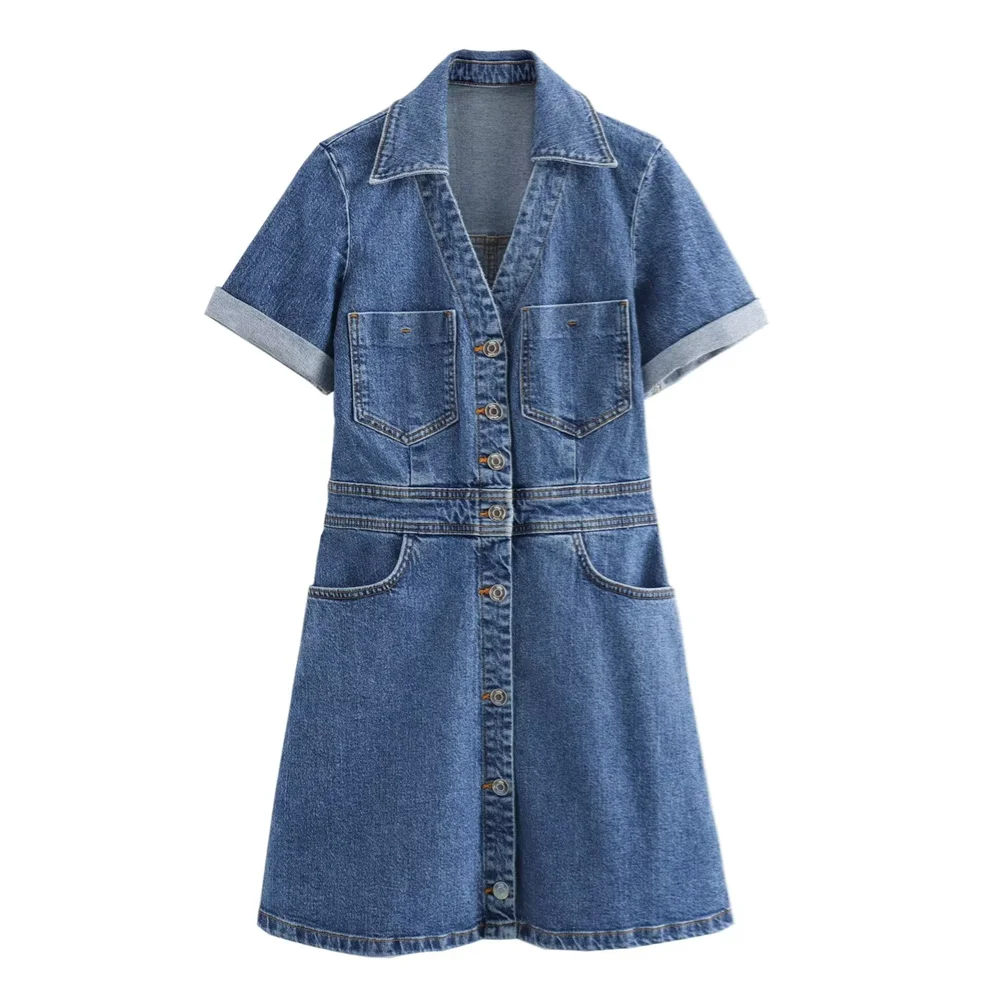 denim jurk met knoopsluiting en opgerolde mouwen in klassieke wassing