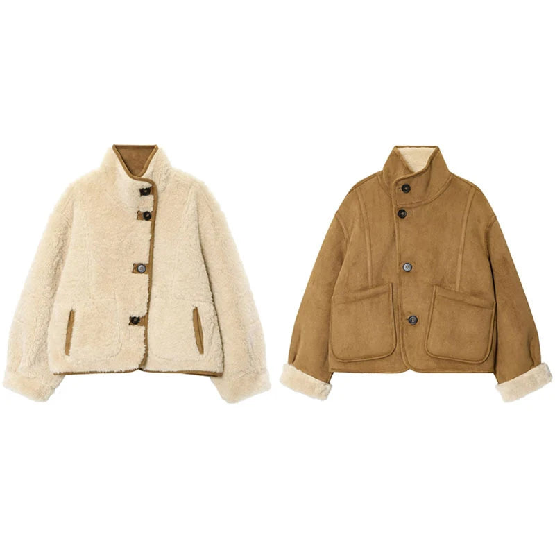 omkeerbare shearling jas met teddy binnenkant en suède buitenkant