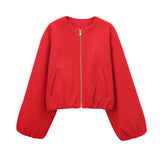 Rode cropped damesjas met pofmouwen en ronde hals