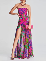 abstracte paarse maxi jurk met transparante rok 