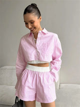 roze gestreepte lounge set met cropped blouse en short