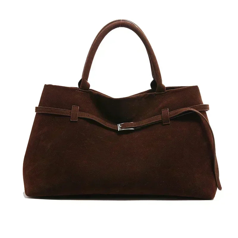 donkerbruine dames handtas suède-look met korte hengsels productfoto