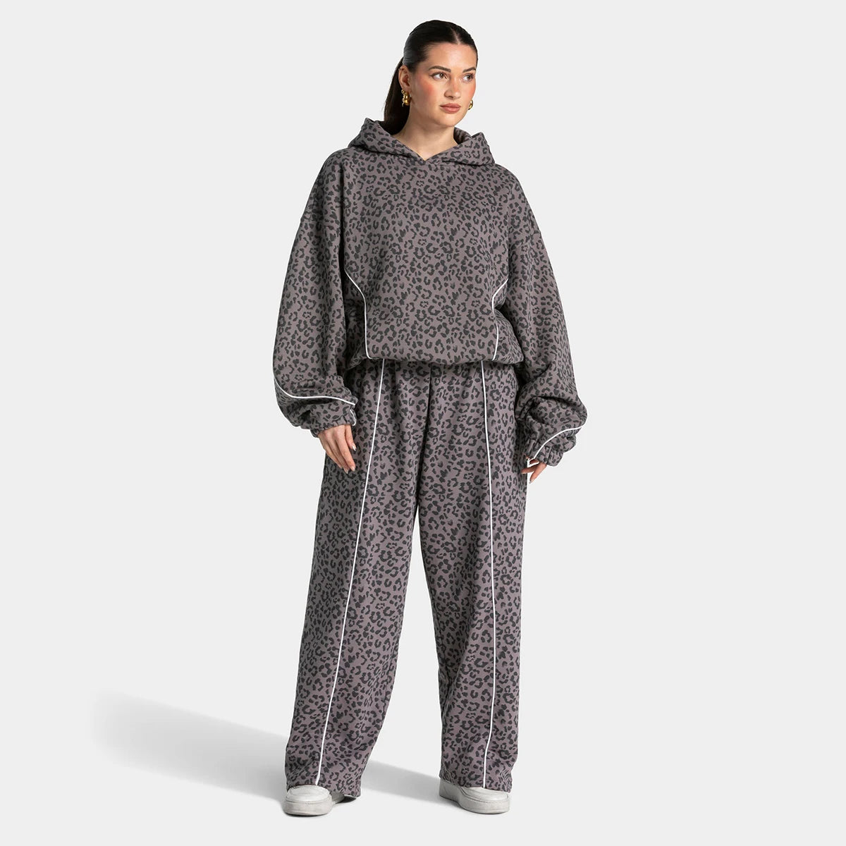 grijze luipaardprint hoodie set dames met elastische taille