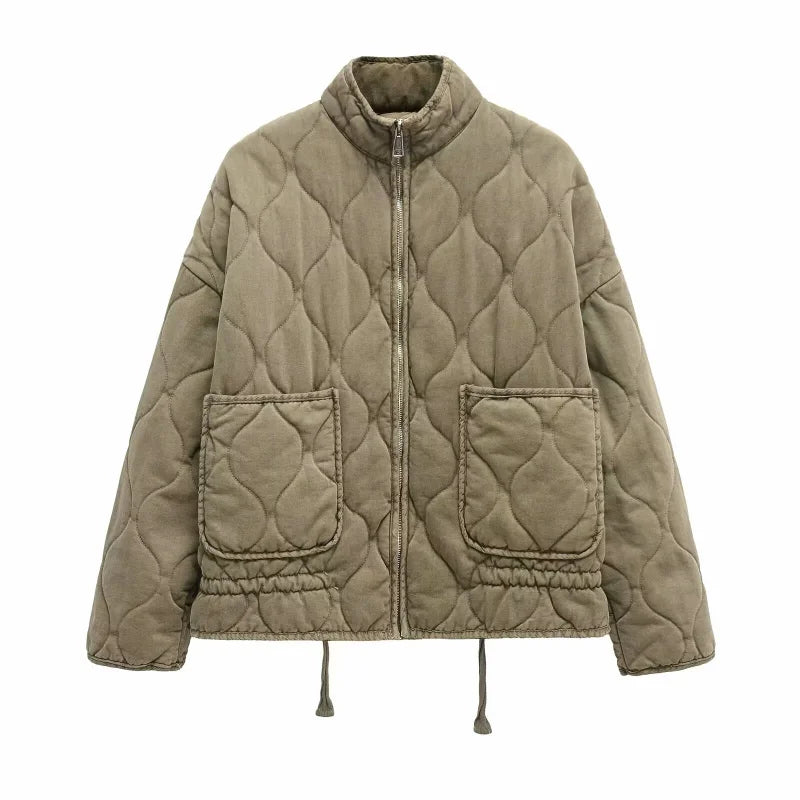 olijfgroene quilted bomber jacket dames met rechte kraag 