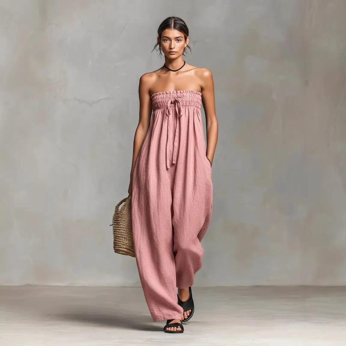 roze strapless jumpsuit met smockdetail voor dames