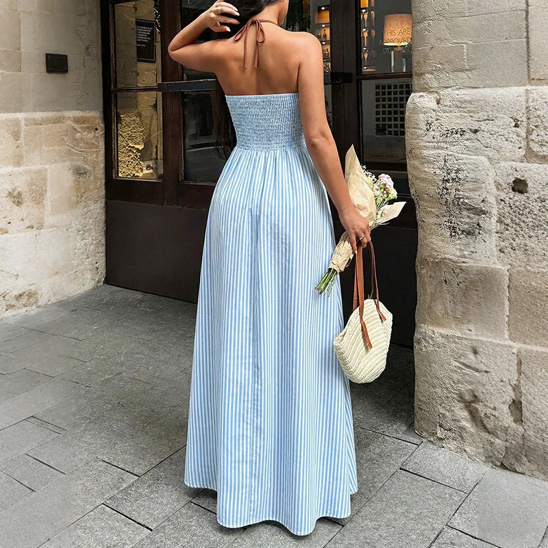 Serelia | Robe maxi rayée avec col halter et décolleté plongeant en V