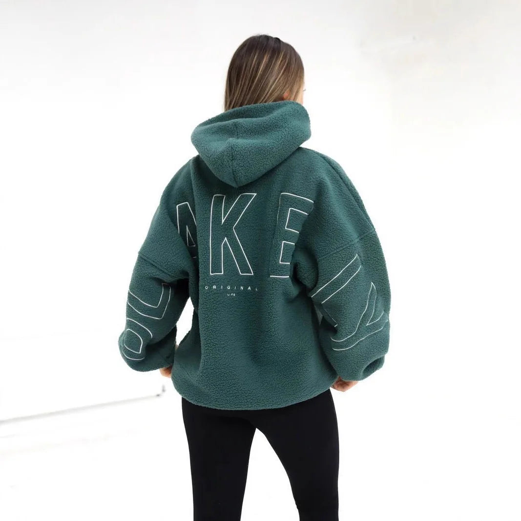 Oversized teddy hoodie dames groen met back print