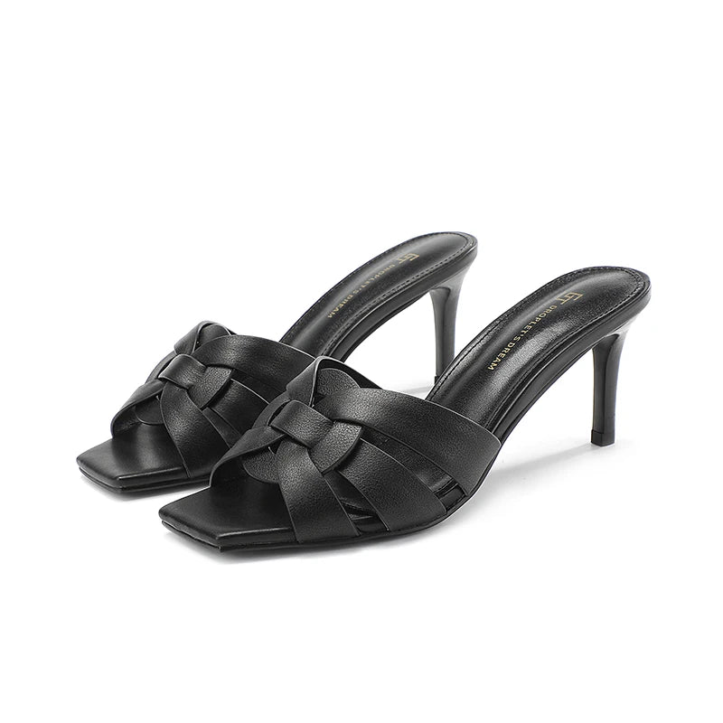 zwarte leren hakslippers met open neus