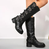 Chocoladebruine biker boots met metalen gespen, Achterkant bruine laarzen met gespen en stevige hakTags
, 