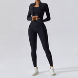 Naadloze fitness set met high-waist legging en cropped zip-up top, squat-proof en ademend voor elke workout.