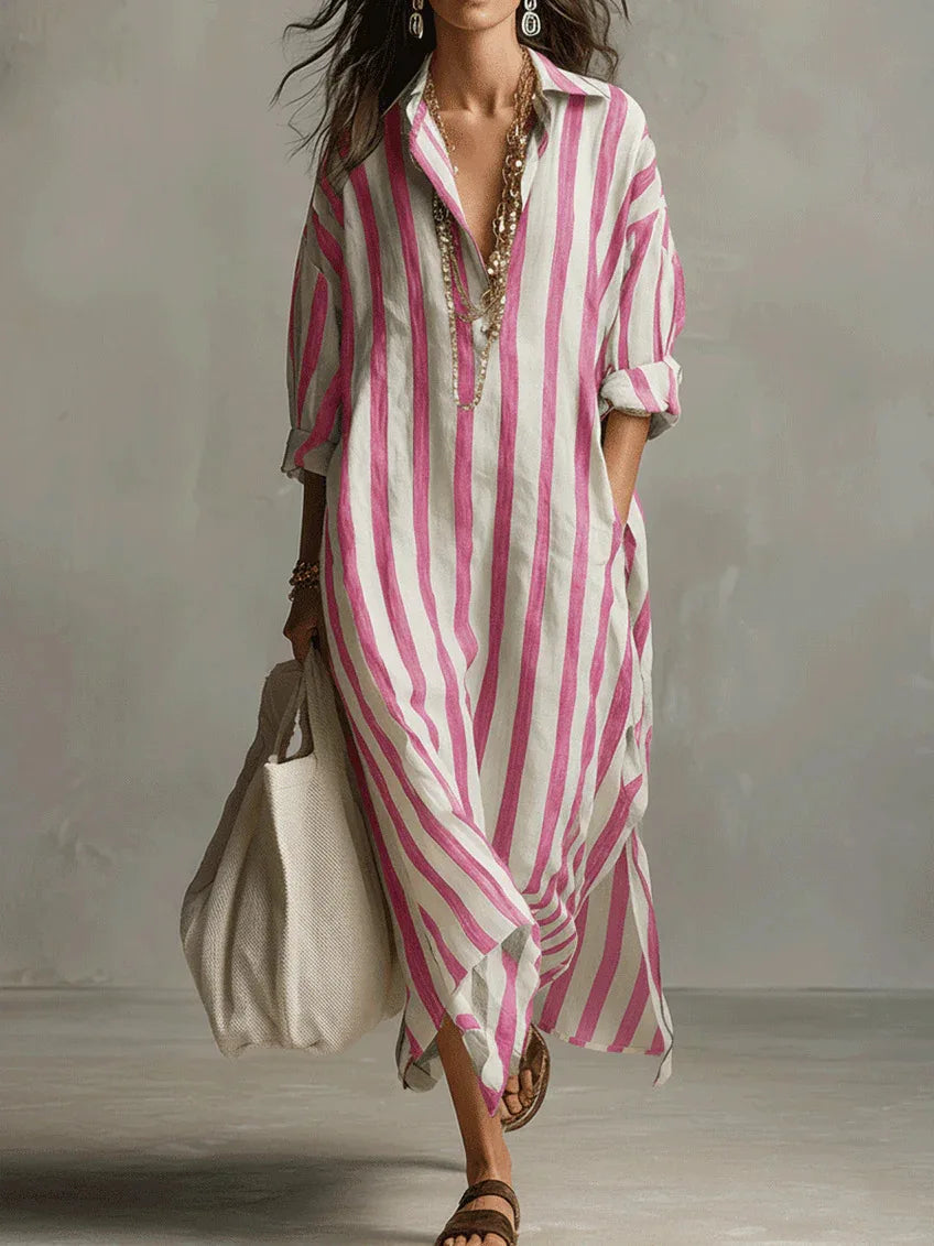 roze gestreepte maxi jurk met knopen en v-hals dames
