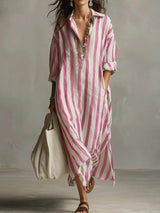 roze gestreepte maxi jurk met knopen en v-hals dames