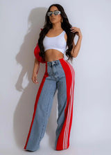 rode sporty jeans met strepen en denim