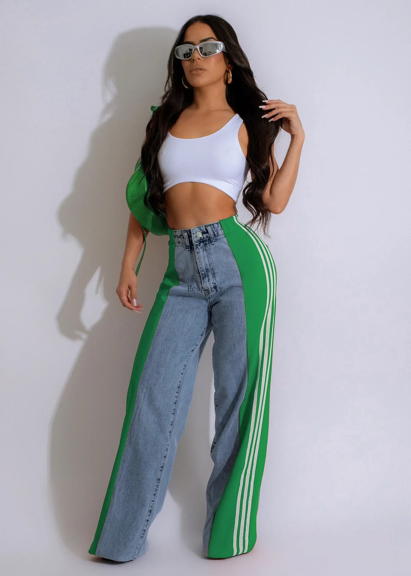 high waist jeans met groene sportstrepen