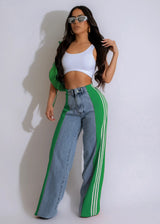high waist jeans met groene sportstrepen