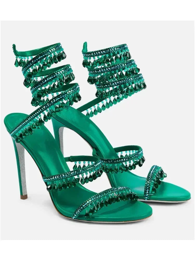 Crystal wikkel heels groen met statement enkelband