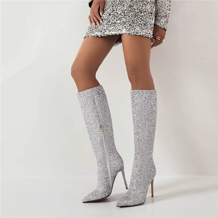 Lunéa Glitz Boots | Kniehoge Glitterlaarzen met Puntneus & Stilettohak